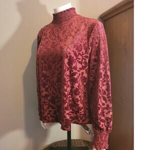 NWT Maurices Burgundy Velvet Burnout Mock Neck Blouse 1X Long Sleeve Witchy Top